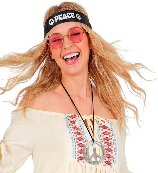 Hippie Set mit buntem Stirnband, runder Sonnenbrille und bunter Perlenkette