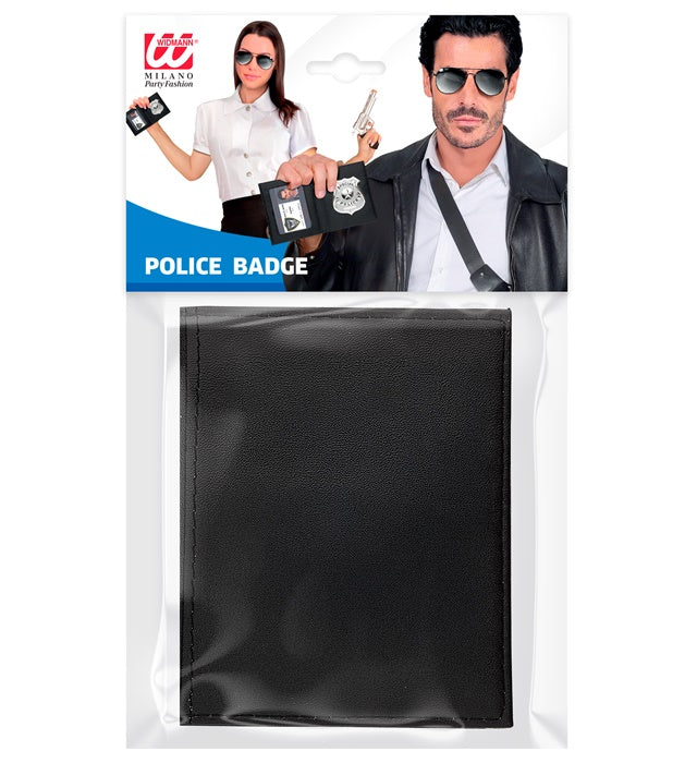 Polizeiabzeichen in schwarzer Brieftasche als Fasnachts-Accessoire