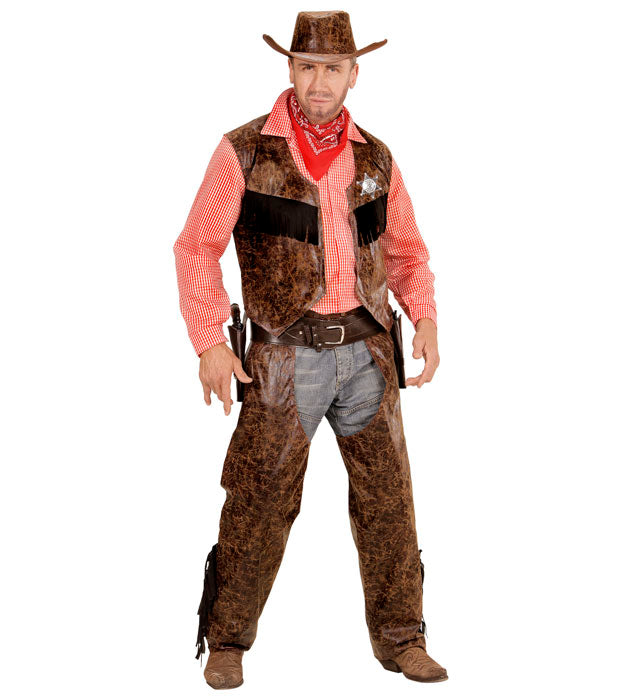 Cowboy-Kostüm mit Shirt, Weste, Chaps und Cowboy-Hut für Fasnacht