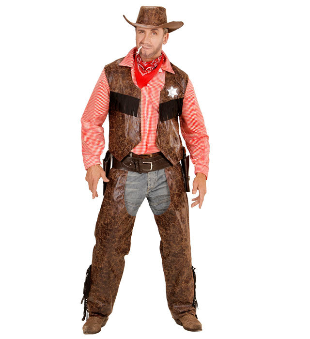 Cowboy-Kostüm mit Shirt, Weste, Chaps und Cowboy-Hut für Fasnacht