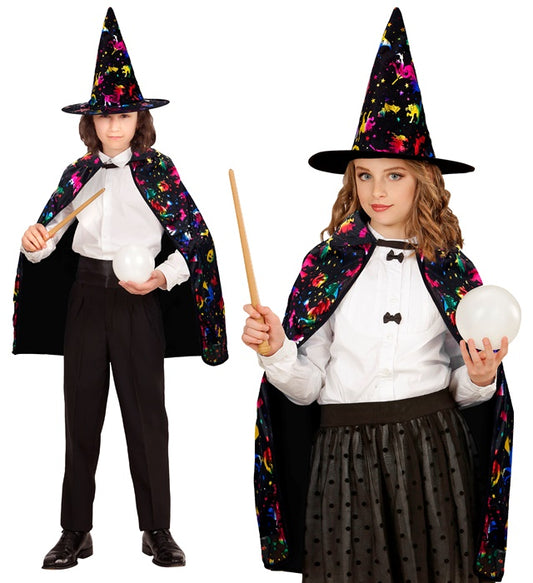 Zauberer Kostüm mit 70 cm Umhang und spitzem Hut für Fasnacht und Halloween