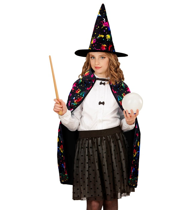 Zauberer Kostüm mit 70 cm Umhang und spitzem Hut für Fasnacht und Halloween
