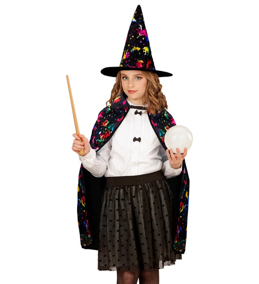 Zauberer Kostüm mit 70 cm Umhang und spitzem Hut für Fasnacht und Halloween
