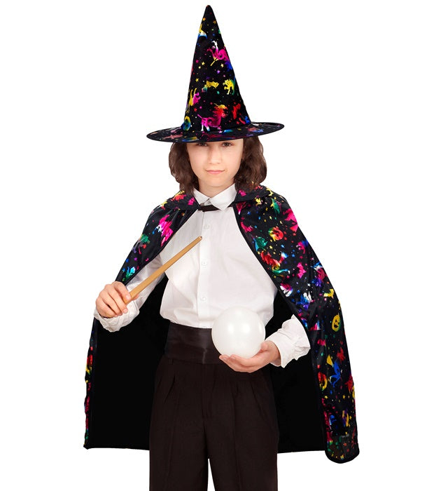 Zauberer Kostüm mit 70 cm Umhang und spitzem Hut für Fasnacht und Halloween