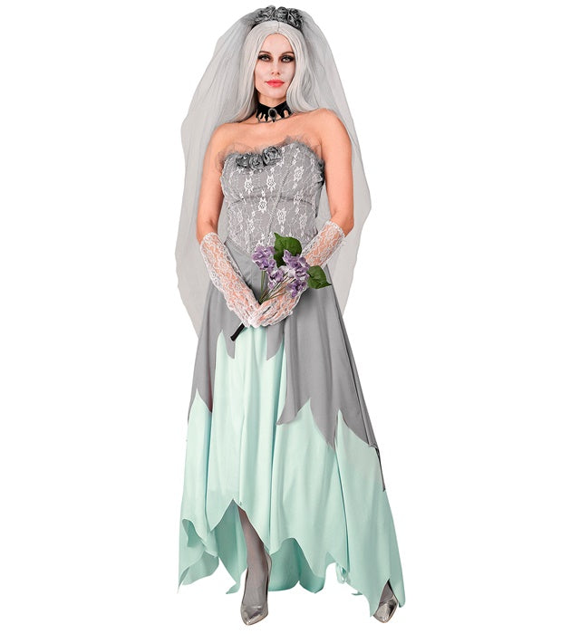 Zombie Braut Kostüm mit weißem Kleid, Schleier und Blumenstrauss für Fasnacht