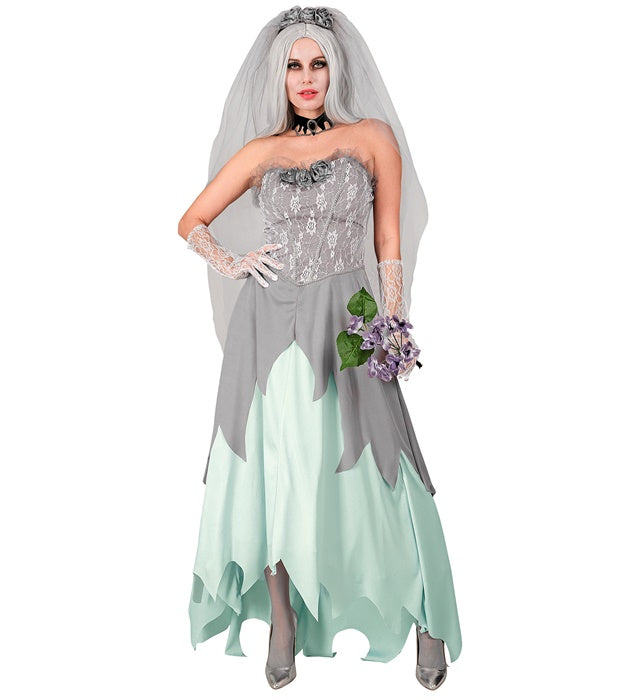 Zombie Braut Kostüm mit weißem Kleid, Schleier und Blumenstrauss für Fasnacht