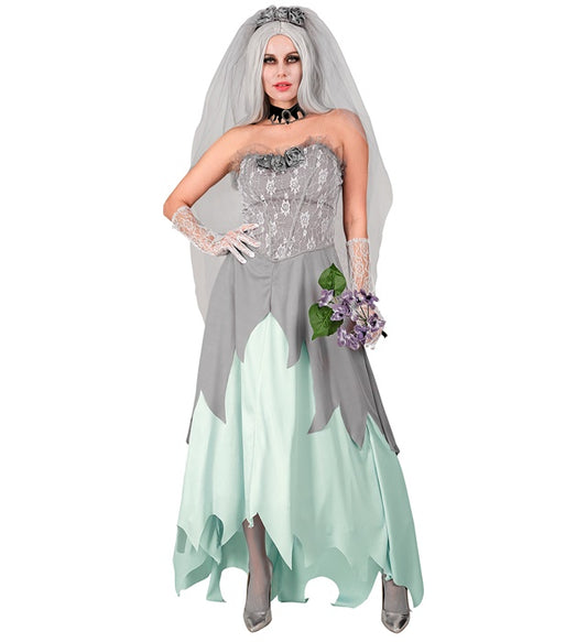 Zombie Braut Kostüm mit weißem Kleid, Schleier und Blumenstrauss für Fasnacht