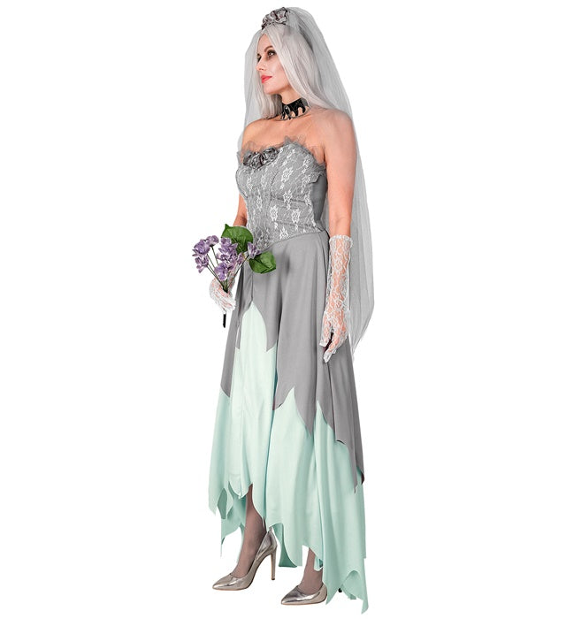 Zombie Braut Kostüm mit weißem Kleid, Schleier und Blumenstrauss für Fasnacht