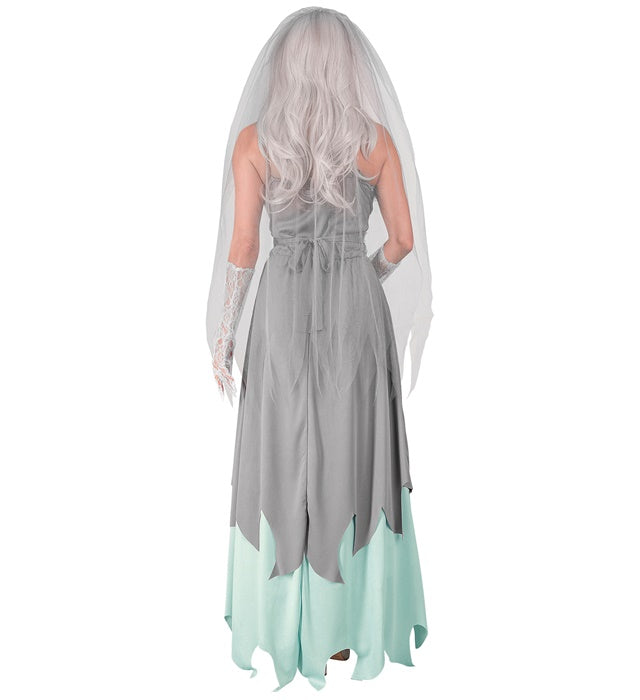 Zombie Braut Kostüm mit weißem Kleid, Schleier und Blumenstrauss für Fasnacht