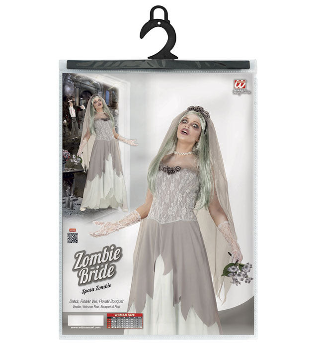 Zombie Braut Kostüm mit weißem Kleid, Schleier und Blumenstrauss für Fasnacht