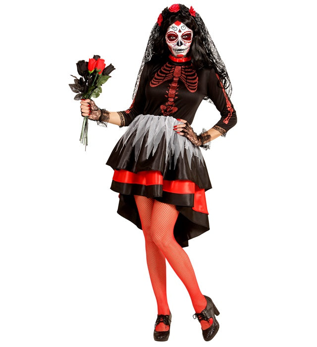 Dia de los Muertos Brautkostüm schwarzes Kleid mit buntem Blumen-Schleier