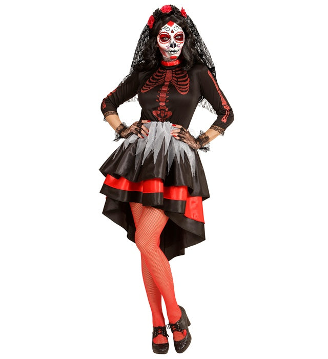 Dia de los Muertos Brautkostüm schwarzes Kleid mit buntem Blumen-Schleier