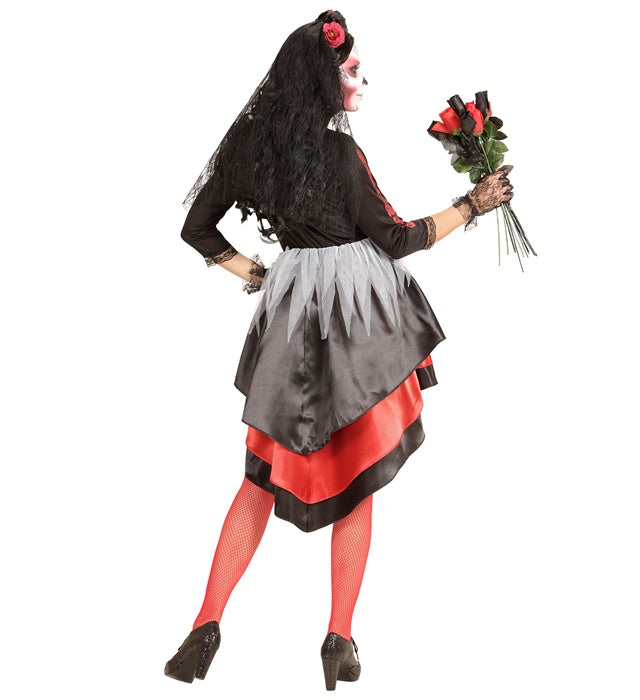 Dia de los Muertos Brautkostüm schwarzes Kleid mit buntem Blumen-Schleier