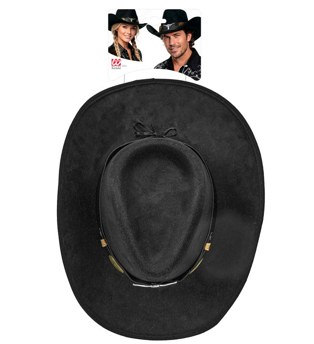 Schwarzer Cowboyhut in Wildlederoptik für Fasnacht und Karneval