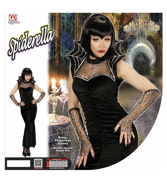 Spiderella Kostüm mit figurbetontem Kleid und fingerlosen Handschuhen