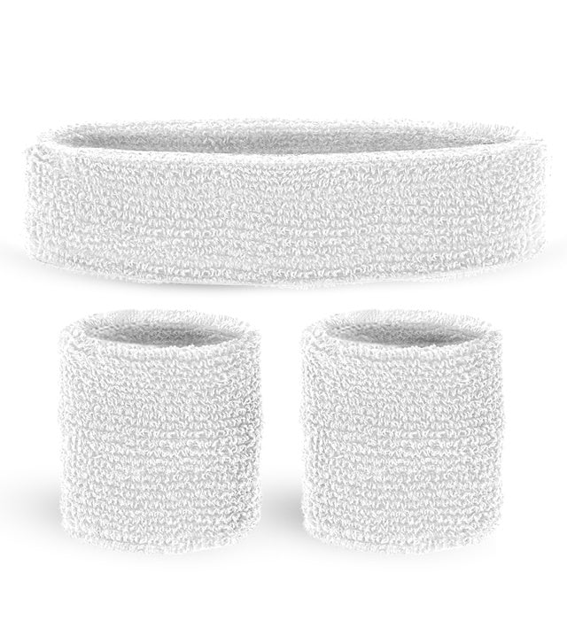 Weisses Schweißband Set mit Stirnband und zwei Armbändern