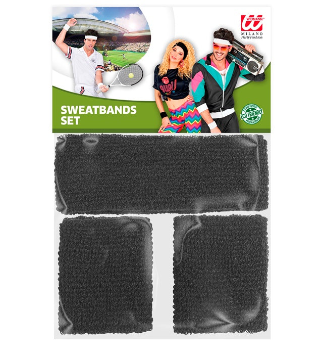 Schwarzes Schweißband Stirnband und zwei Armbänder aus elastischem Material