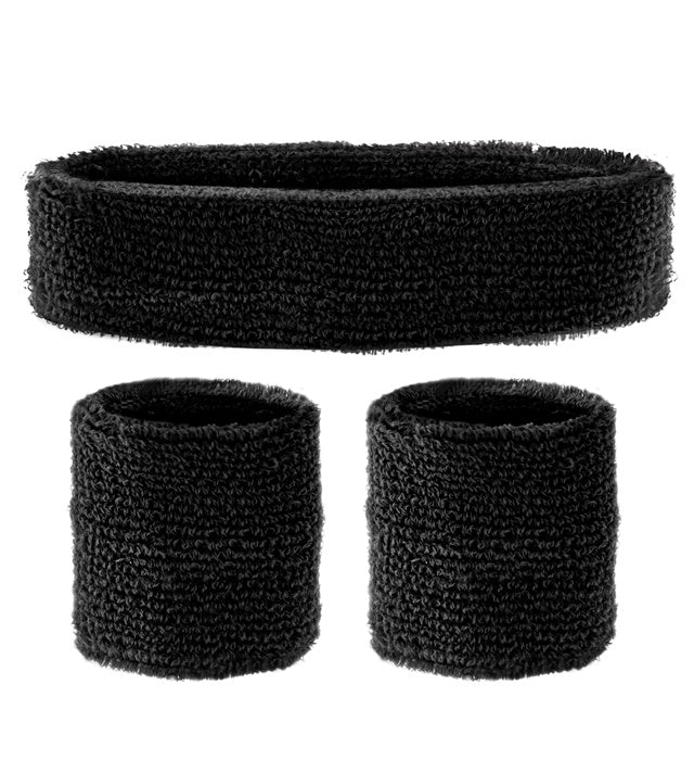 Schwarzes Schweißband Stirnband und zwei Armbänder aus elastischem Material