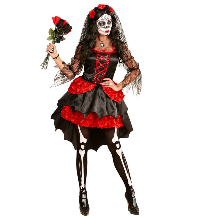 Braut Dia de los Muertos Kostüm mit Blumenschleier für Fasnacht