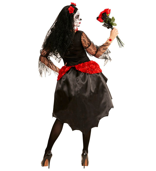 Braut Dia de los Muertos Kostüm mit Blumenschleier für Fasnacht