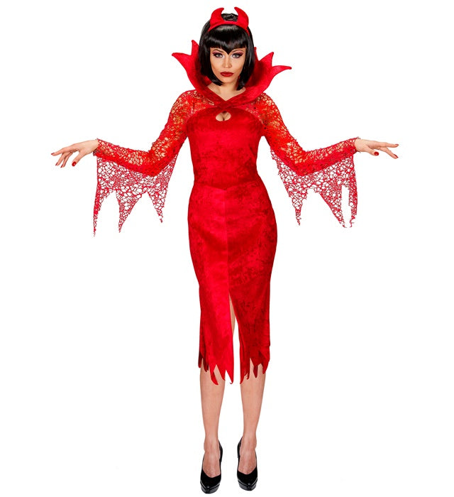 Teufelin Kostüm mit rotem Kleid und schwarzen Hörnern für Fasnacht