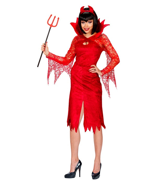 Teufelin Kostüm mit rotem Kleid und schwarzen Hörnern für Fasnacht