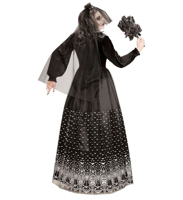 Skelettbraut-Kostüm mit voluminösem Reifrock und Brautschleier, geeignet für Fasnacht und Karneval