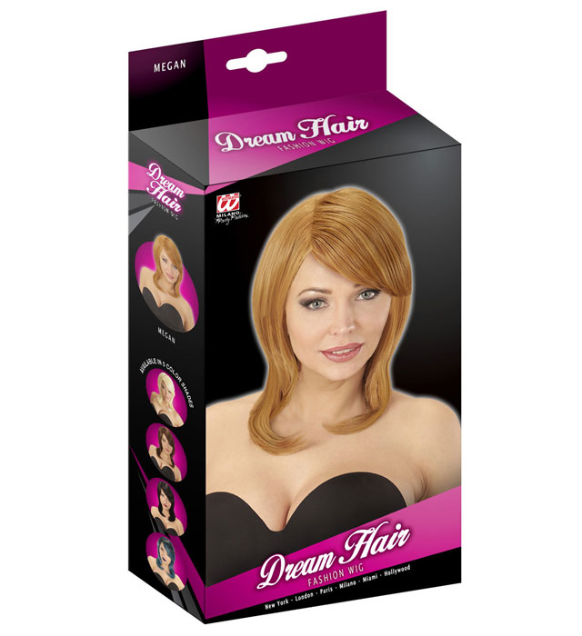 Rote Megan-Perücke in natürlicher Dream Hair Qualität auf farbiger Box