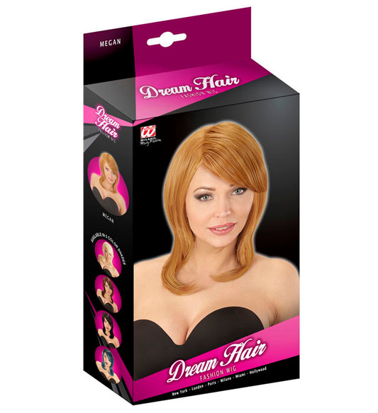 Rote Megan-Perücke in natürlicher Dream Hair Qualität auf farbiger Box