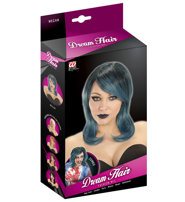 Perücke Megan in Schwarz-Blau-Grün auf farbiger Box für Fasnacht und Karneval