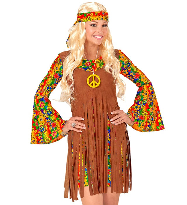 Hippie Girl Kostüm mit Kleid, Weste, Stirnband und Peace-Zeichen-Kette