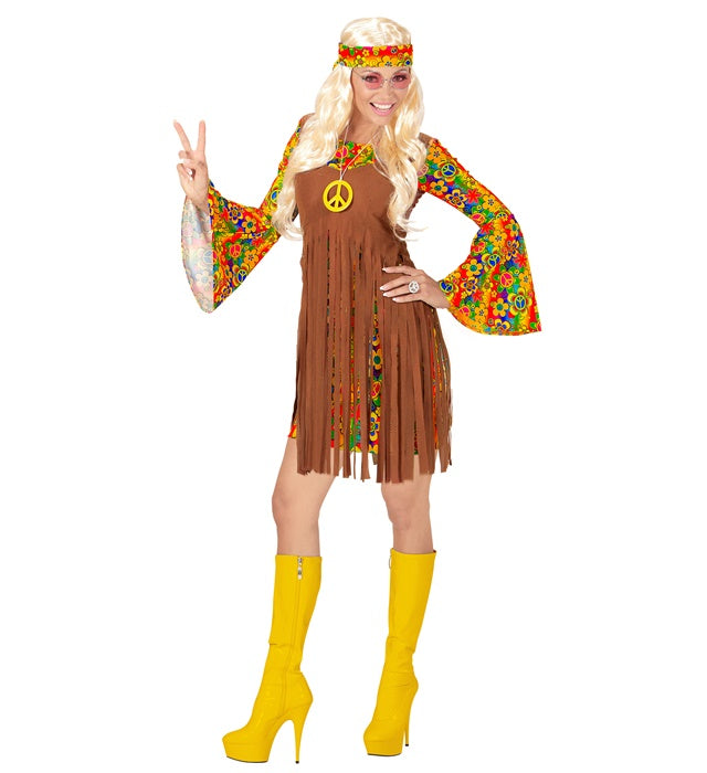 Hippie Girl Kostüm mit Kleid, Weste, Stirnband und Peace-Zeichen-Kette