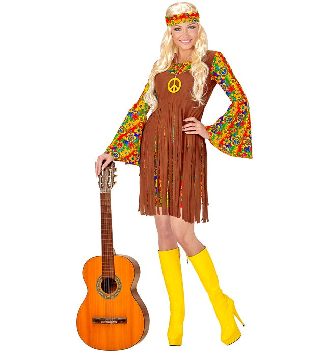 Hippie Girl Kostüm mit Kleid, Weste, Stirnband und Peace-Zeichen-Kette