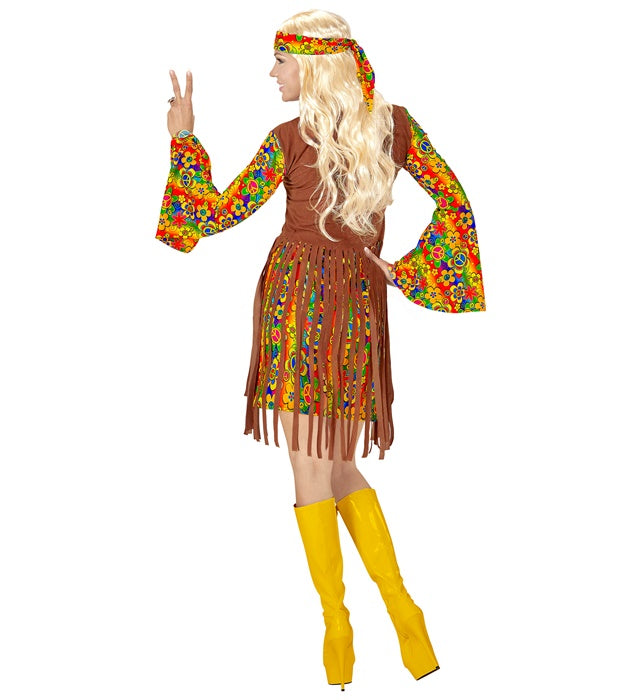 Hippie Girl Kostüm mit Kleid, Weste, Stirnband und Peace-Zeichen-Kette
