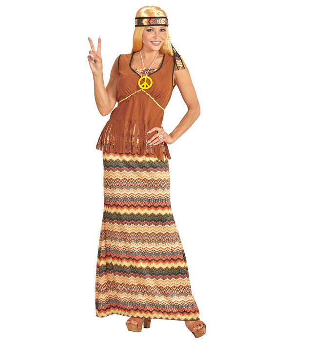 Hippie Damenkostüm mit Kleid, Weste, Rock und Peace-Stirnband für Fasnacht
