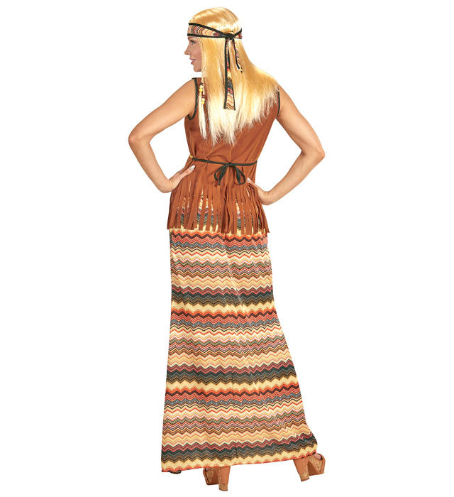 Hippie Damenkostüm mit Kleid, Weste, Rock und Peace-Stirnband für Fasnacht