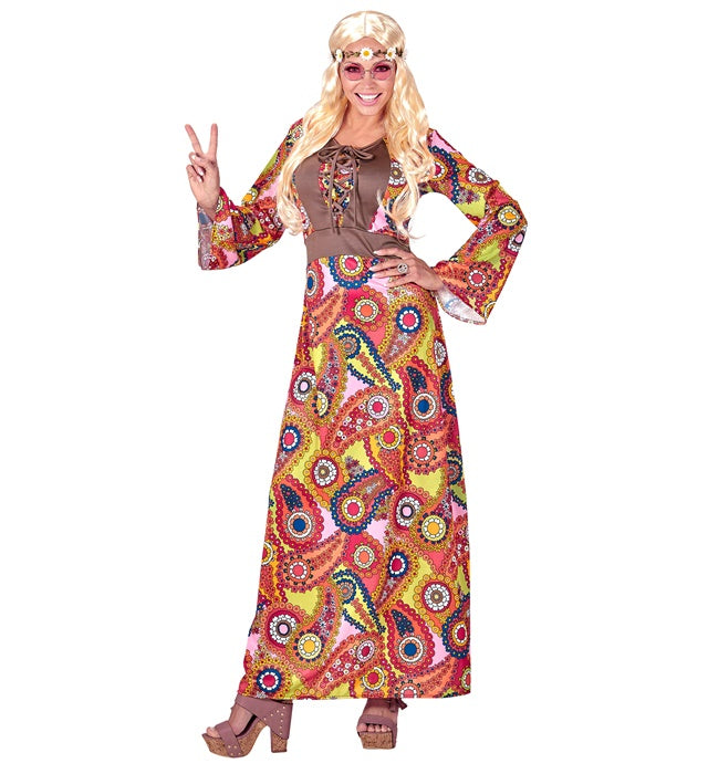 Buntes Hippie Damen Kleid im 70er Jahre Stil für Fasnacht und Mottoparty
