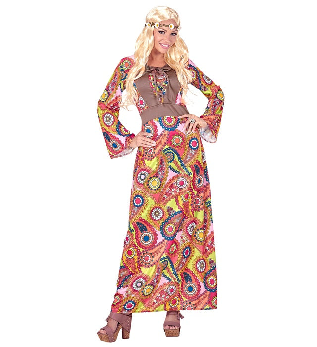 Buntes Hippie Damen Kleid im 70er Jahre Stil für Fasnacht und Mottoparty