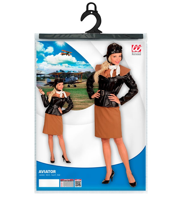 Retro Aviator Girl Kostüm mit Jacke, Rock, Schal und Hut auf weißem Hintergrund