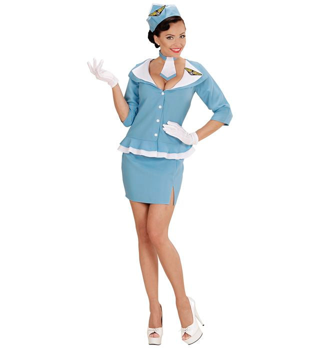 Retro Hostess Kostüm bestehend aus Jacke, Hose, Krawatte und Mütze