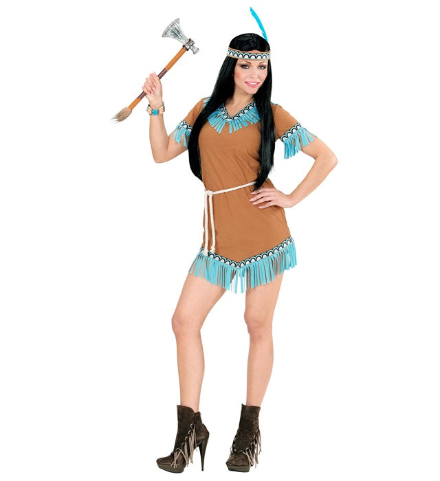 Indianerin Kostüm mit Kleid, Gürtel und Stirnband mit Feder