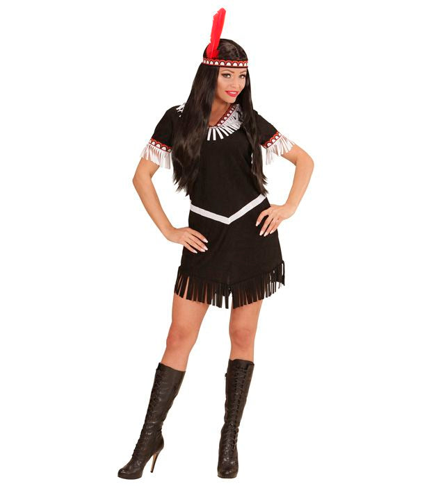 Indianerin Kostüm mit Kleid, Gürtel und Stirnband mit Feder