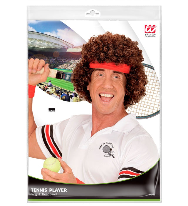 Tennisspieler-Perücke mit weißem Stirnband für Fasnacht und Karneval