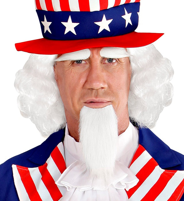 Mr. America Perücke mit blondem Spitzbart und Augenbrauen in Box