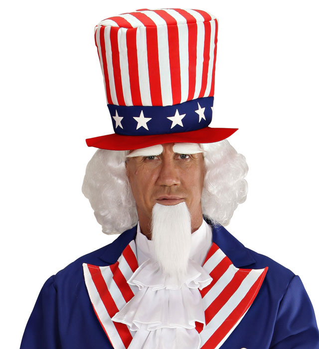 Mr. America Perücke mit blondem Spitzbart und Augenbrauen in Box