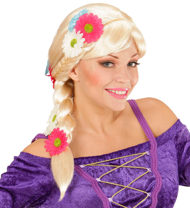 Lange Rapunzel-Perücke mit Blumen in Box für Fasnacht und Kostüme