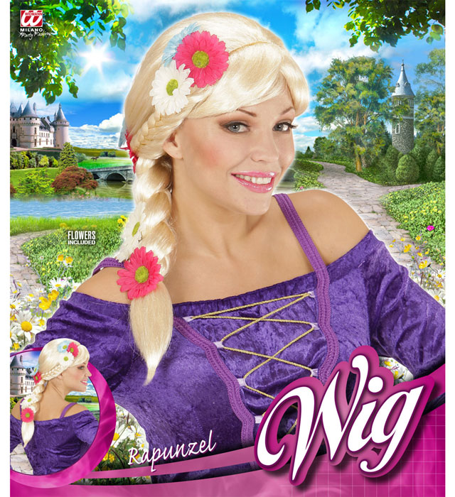 Lange Rapunzel-Perücke mit Blumen in Box für Fasnacht und Kostüme