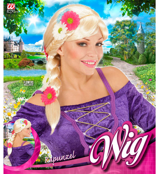 Lange Rapunzel-Perücke mit Blumen in Box für Fasnacht und Kostüme
