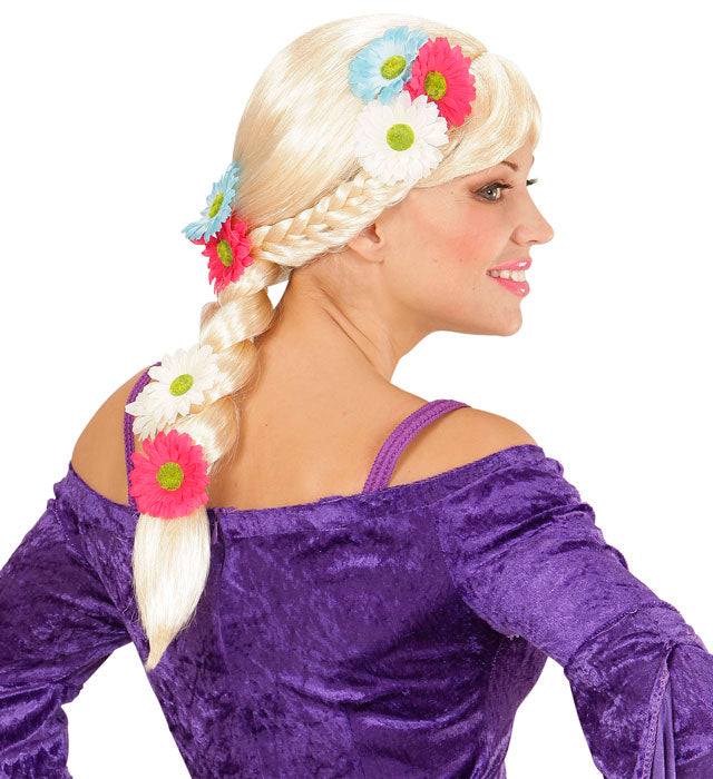 Lange Rapunzel-Perücke mit Blumen in Box für Fasnacht und Kostüme