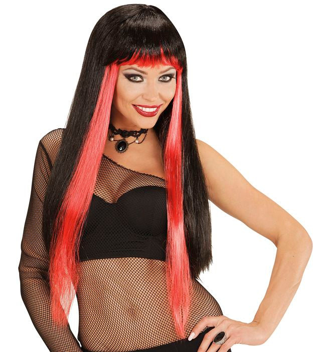 Schwarz-rote Gothic Glam Perücke mit leuchtenden roten Strähnen und schwarzem Haar